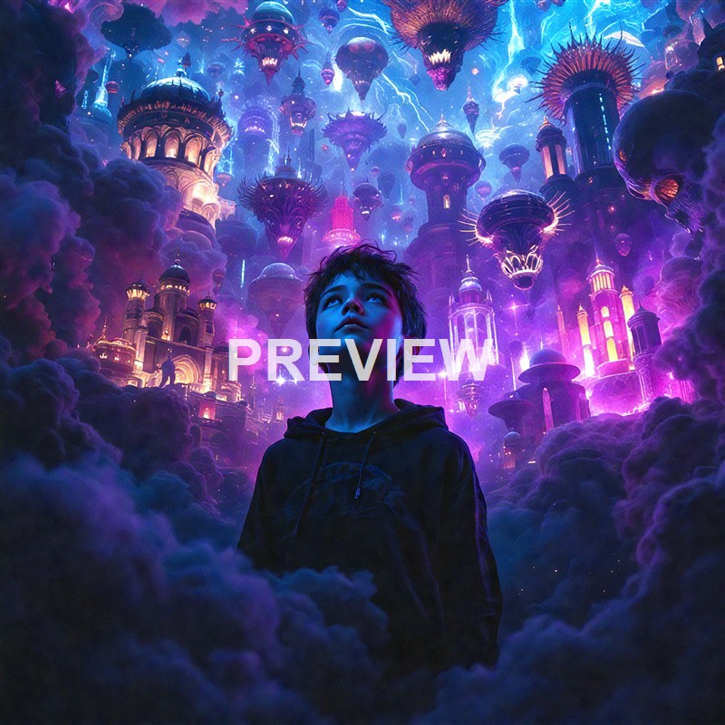 A young person stands amidst swirling clouds of purple and blue, gazing upward at a fantastical cityscape with floating, glowing structures and lightning in the sky.